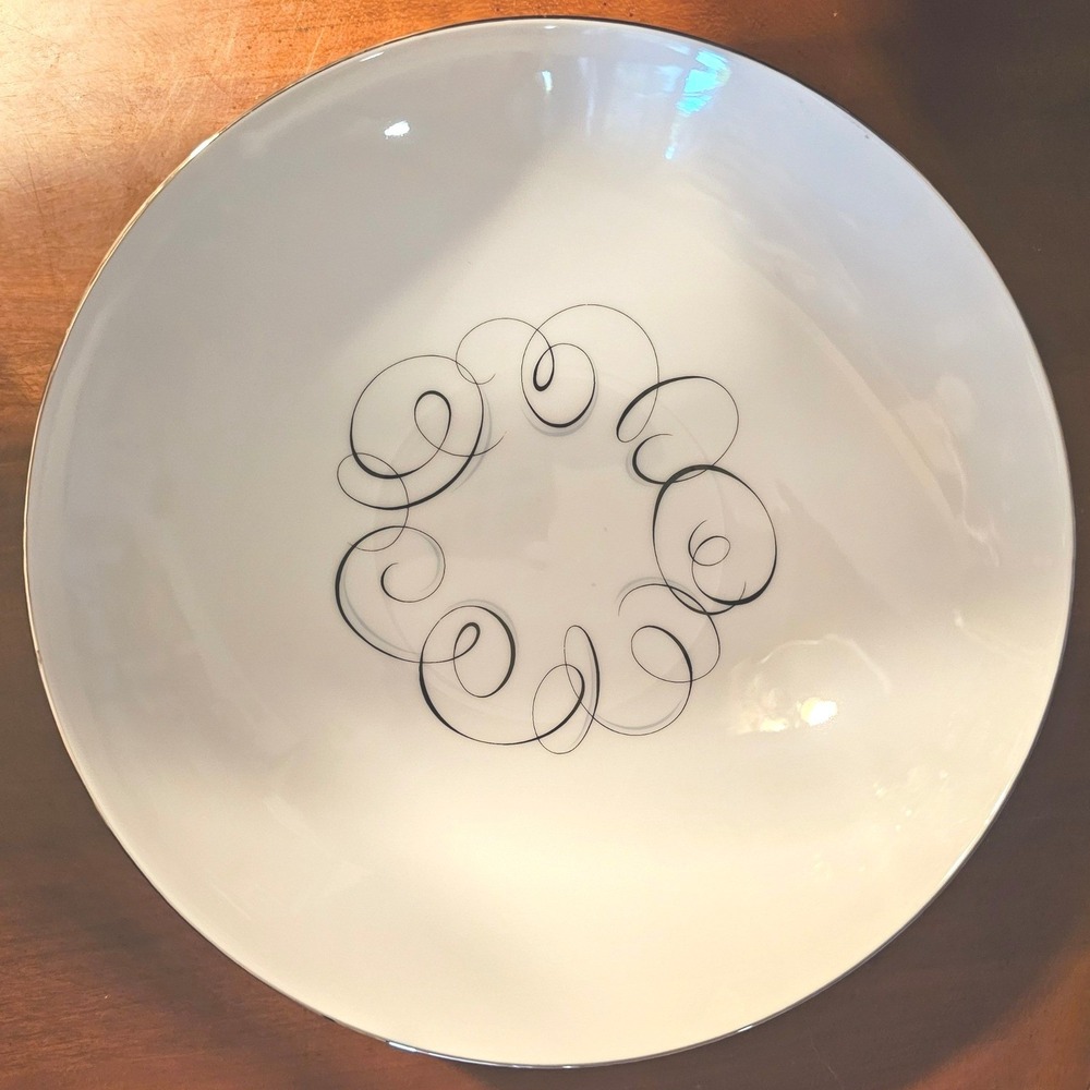 Style House Fine China Rhythm Serving Bowl White Black Scroll Platinum Rim 9in